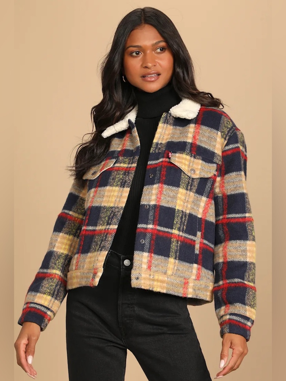 Levi’s Wool Navy Blue Multi Plaid Trucker Jacket Flannel Quilted Women’s Large